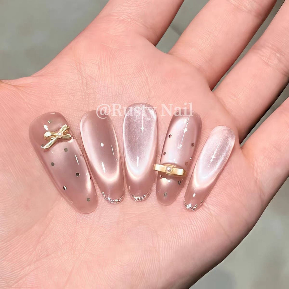 Gold Pink Girl Cat Eye Bow Wearable Nails