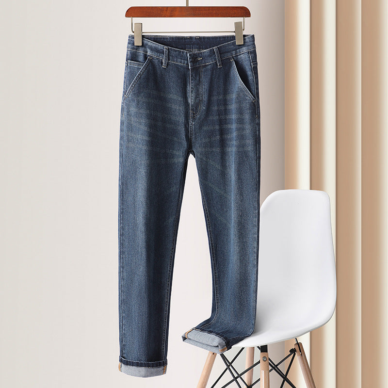 Men’s High-End Fleece-Lined Loose Straight Cotton Jeans Pants