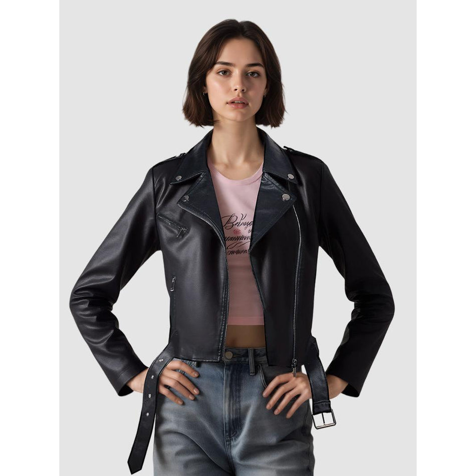 Custom Lapel Short Belt PU Leather Jacket for Women