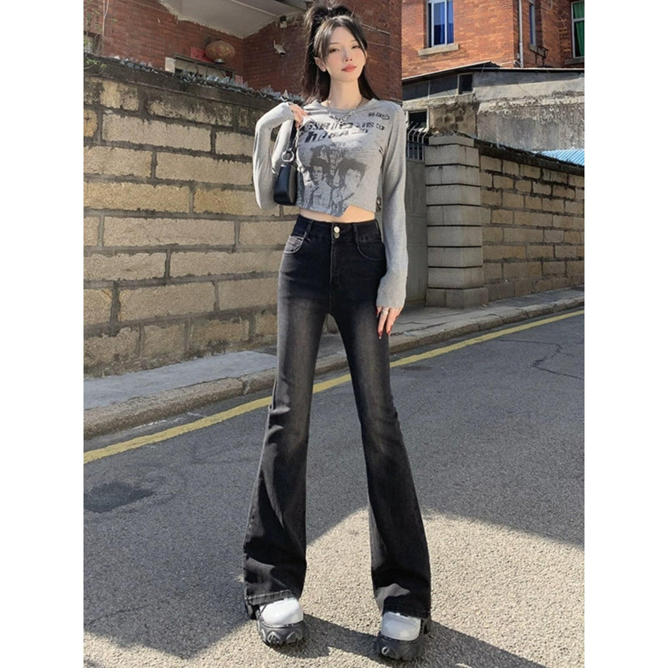 Women High Waist Black Grey Micro Flare Stretch Jeans Retro!