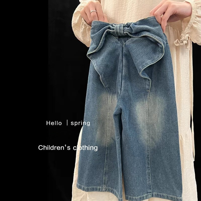 Girls’ Korean-Style Bow Wide-Leg Jeans