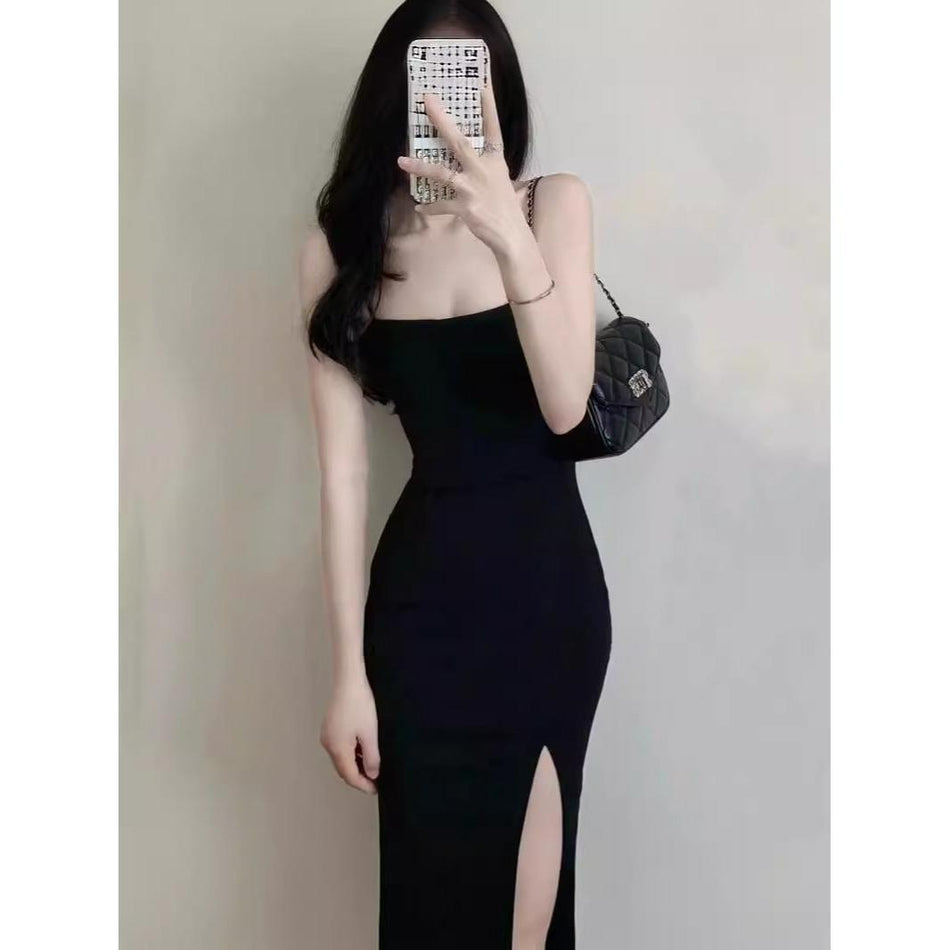 Royal Sister Black Split Sling Dress Slim Waist for Women XL