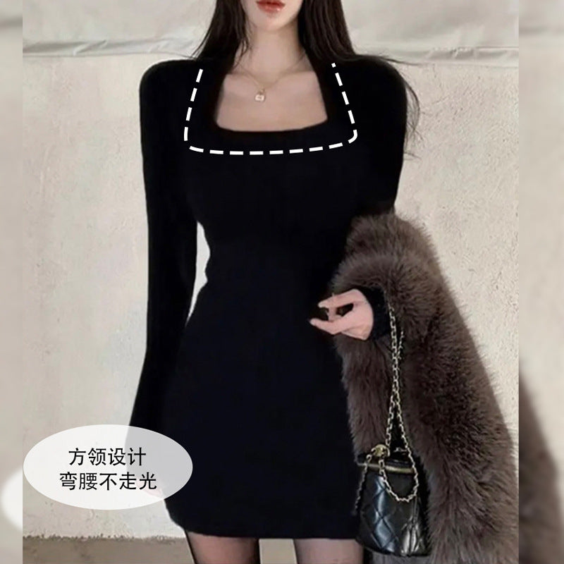 Black Slim Fit Hip Skirt Long Sleeve Little Dress Women