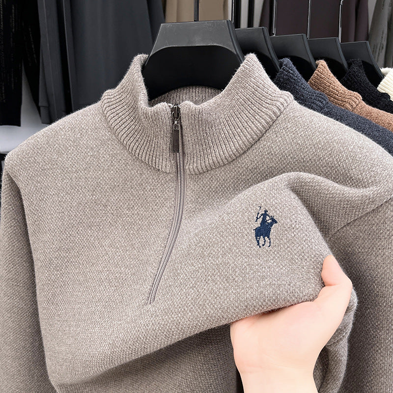 Men’s Half Turtleneck Fleece Sweater Embroidered Horse