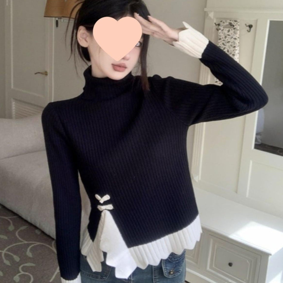 High-Neck Black Knitted Sweater Short Top