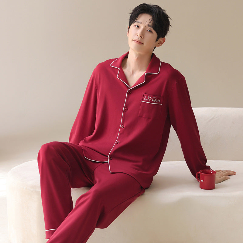 Men’s Pure Cotton Red Pajama Set Lapel Cardigan Long Sleeve