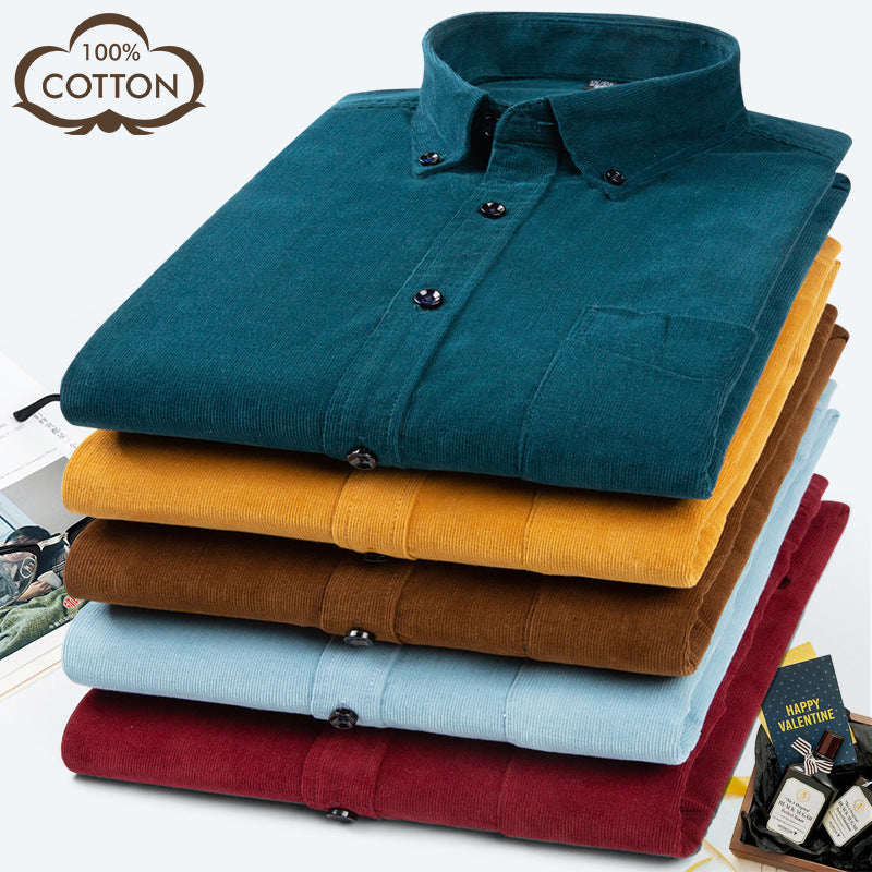 Men's Cotton Corduroy Solid Color Long-Sleeve Shirt Top