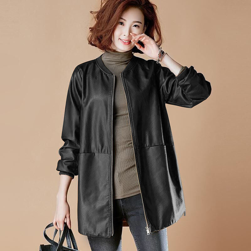 Women Korean Style PU Leather Mid Length Baseball Jacket