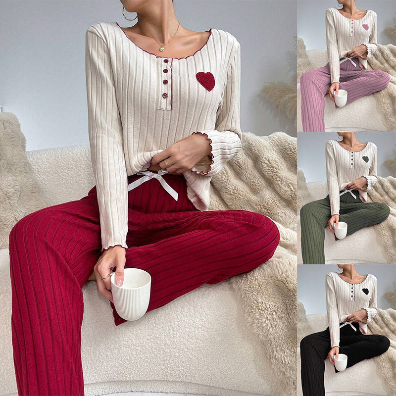 Women’s Autumn/Winter Velvet Heart-Embroidered Pajama Set