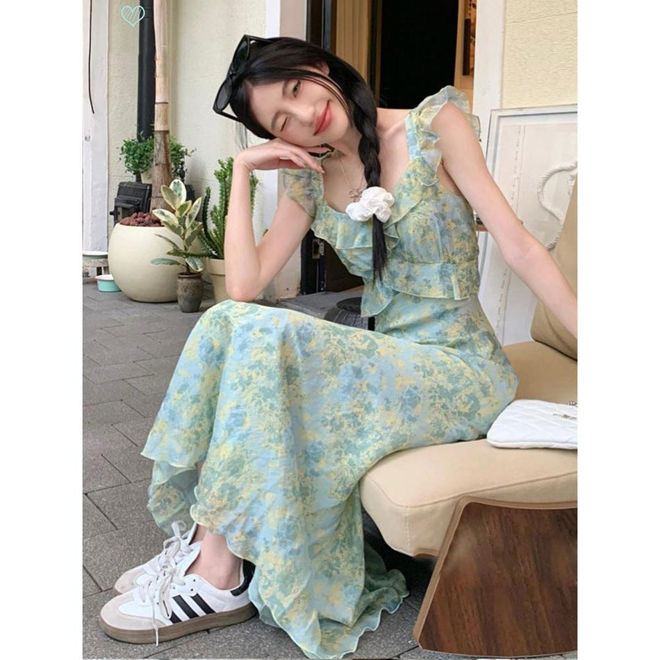French floral suspender dress for women