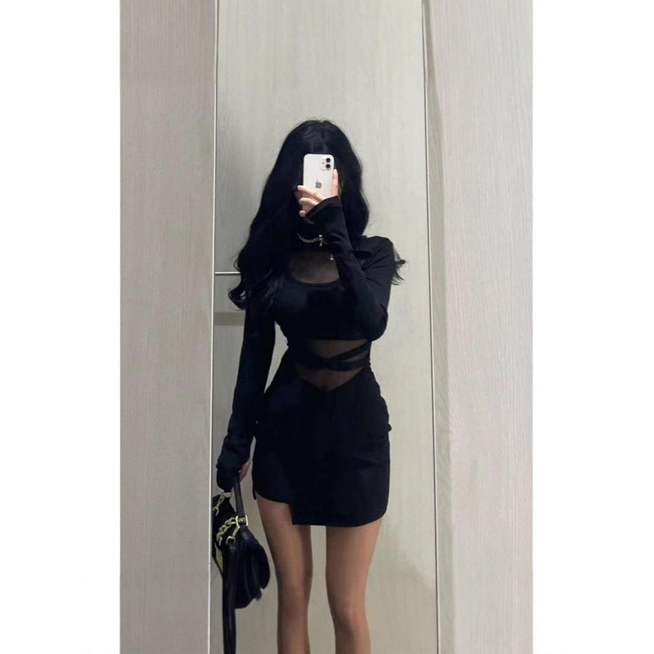 Slightly Sheer Black Mesh Splice Bodycon Dress Women Evening