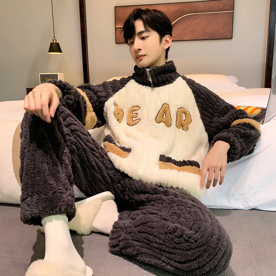 Men’s Flannel Pajamas Set Thickened Fleece-Lined Warm