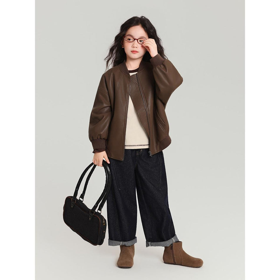 Pudding Haru Girls’ PU Leather Jacket 2025 Autumn Trendy Cool