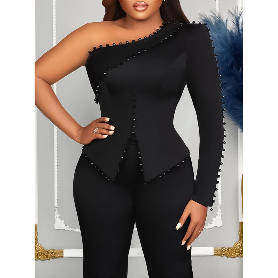 Women’s Plus-Size Oblique Shoulder Beaded Two-Piece Set