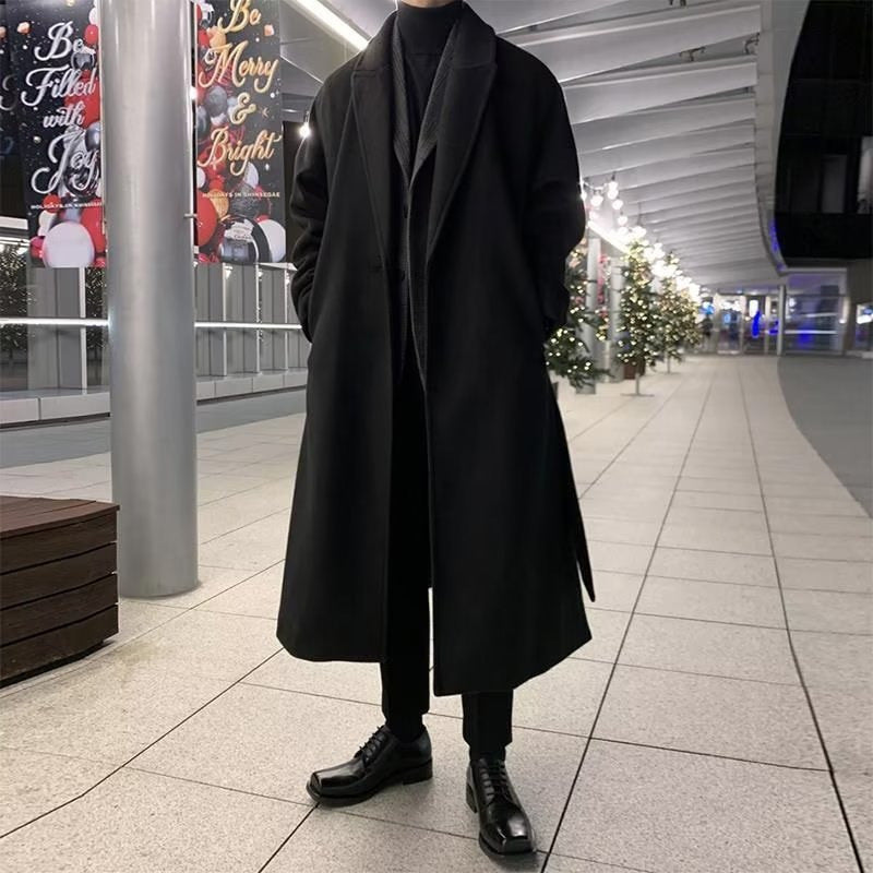 Korean Style Mid-Length Overcoat – Men’s Versatile Wool Trench