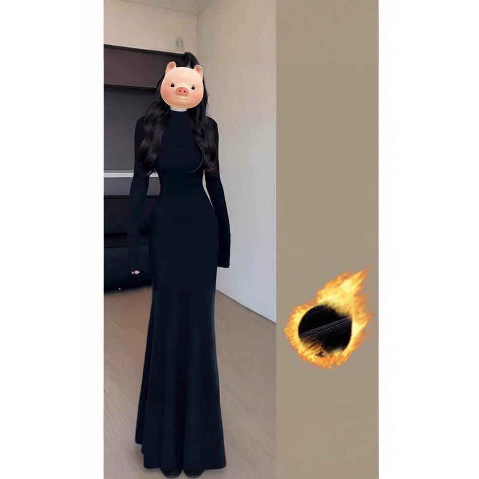 Black Lotus Fishtail Knitted Long Dress