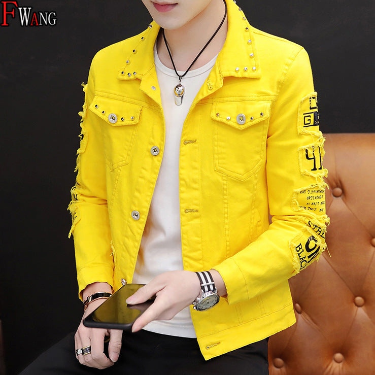 Men's Korean Ripped Denim Jacket Autumn Fashion Rivet Coat