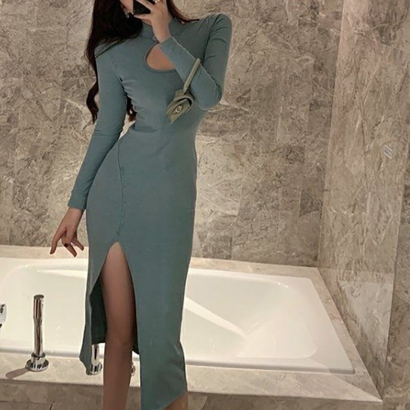 Elegant Slim Fit Long Sleeve Split Maxi Dress Women Chic Now