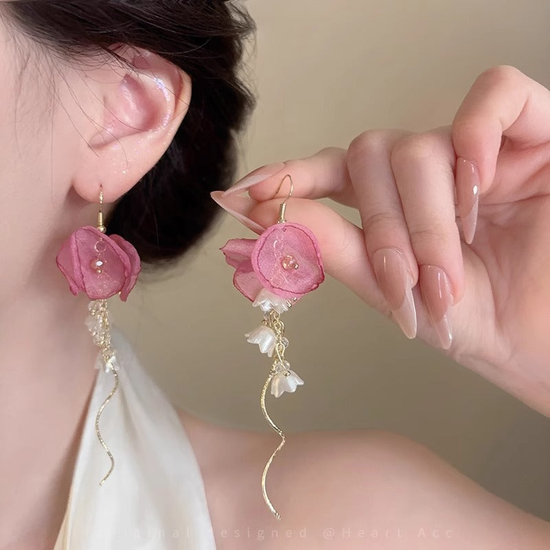 Pink Tulle Flower Tassel Earrings – Cute Women’s Jewelry