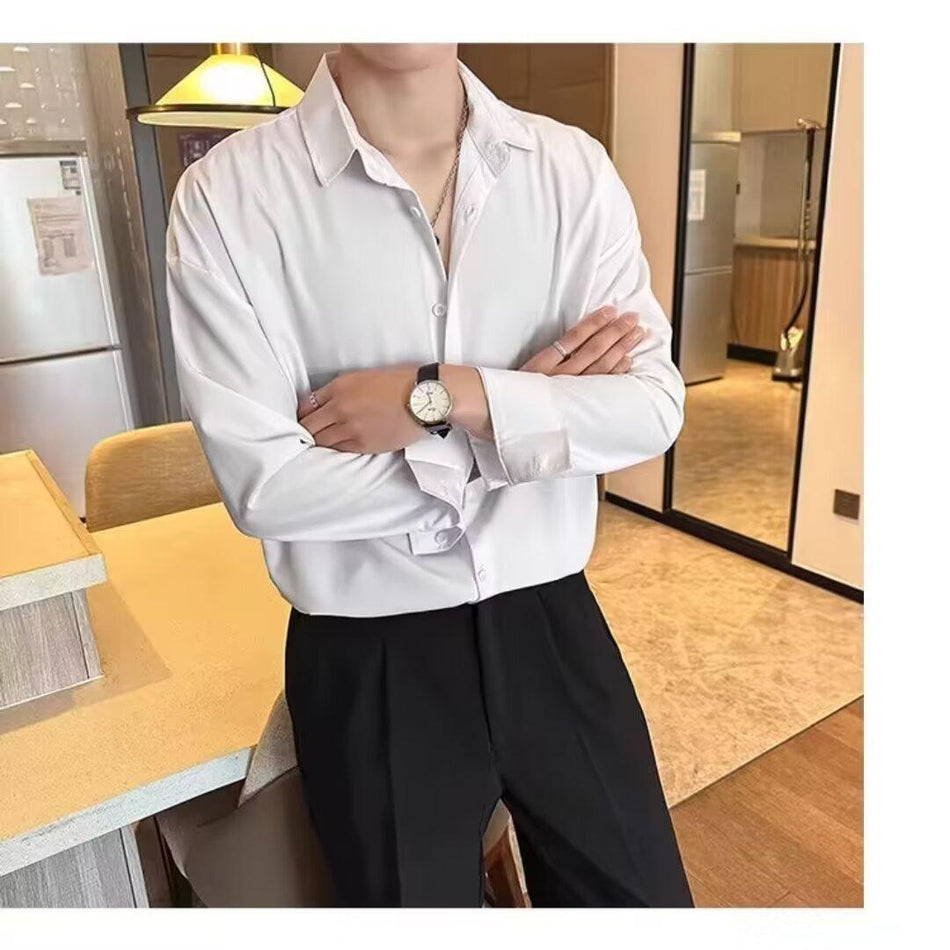 STOCK-Black Ice Silk Shirt  Trendy Loose Casual Summer Top