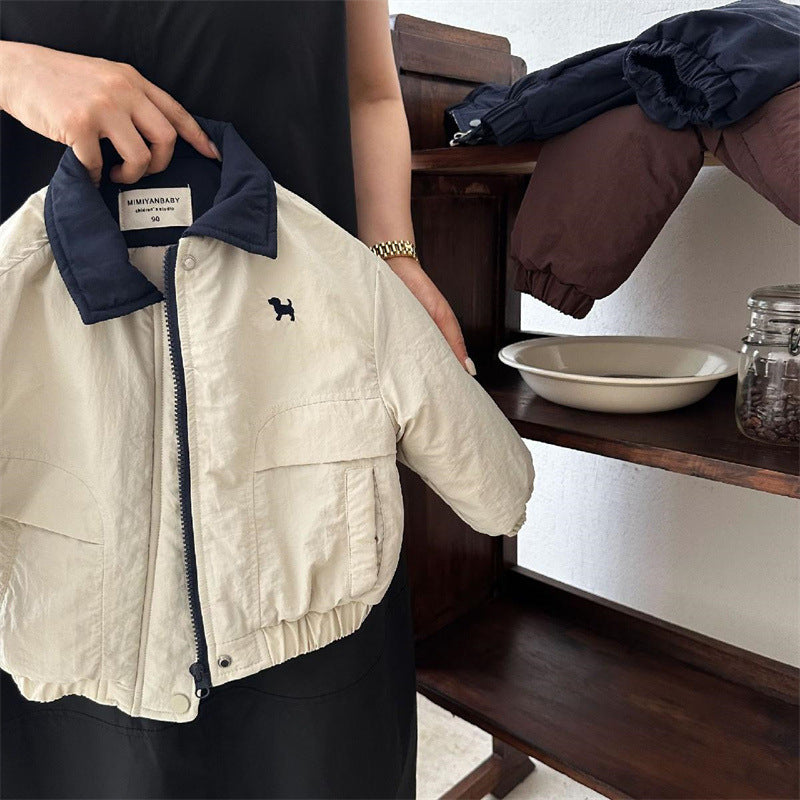 Boys’ Cartoon Puppy Baseball Jacket – Cotton-Padded Coat