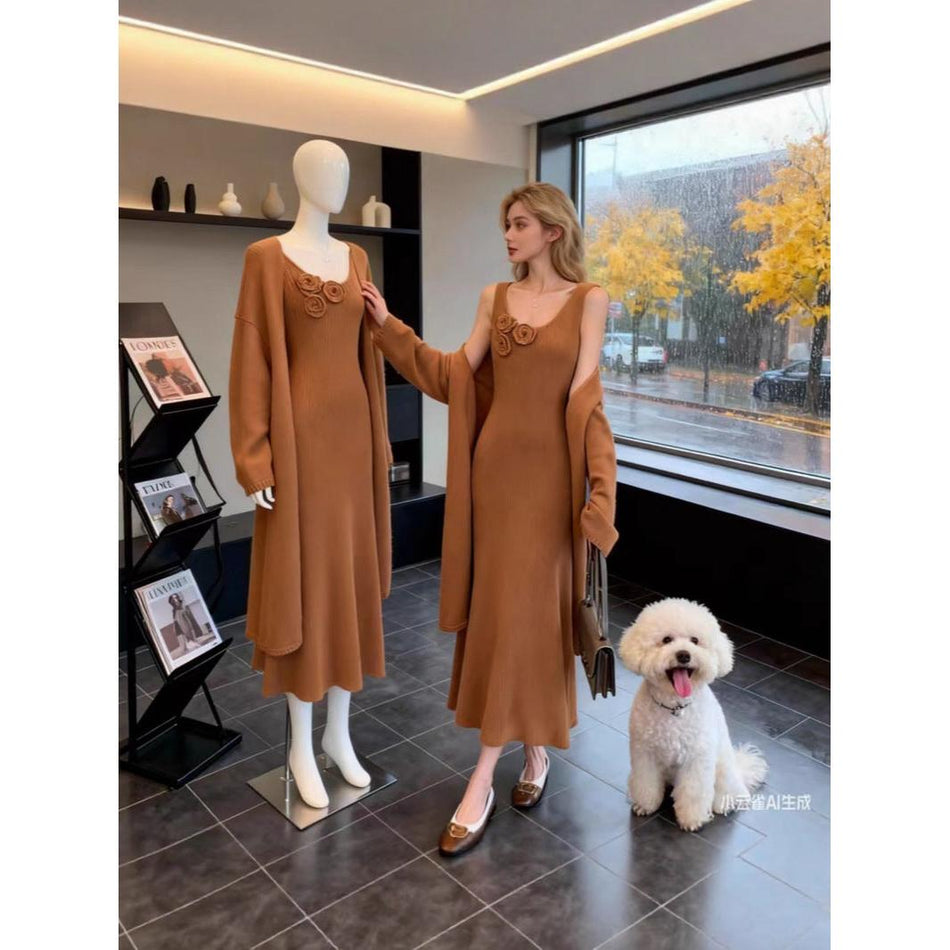 French-Style 3D Floral Knit Sweater Dress Set