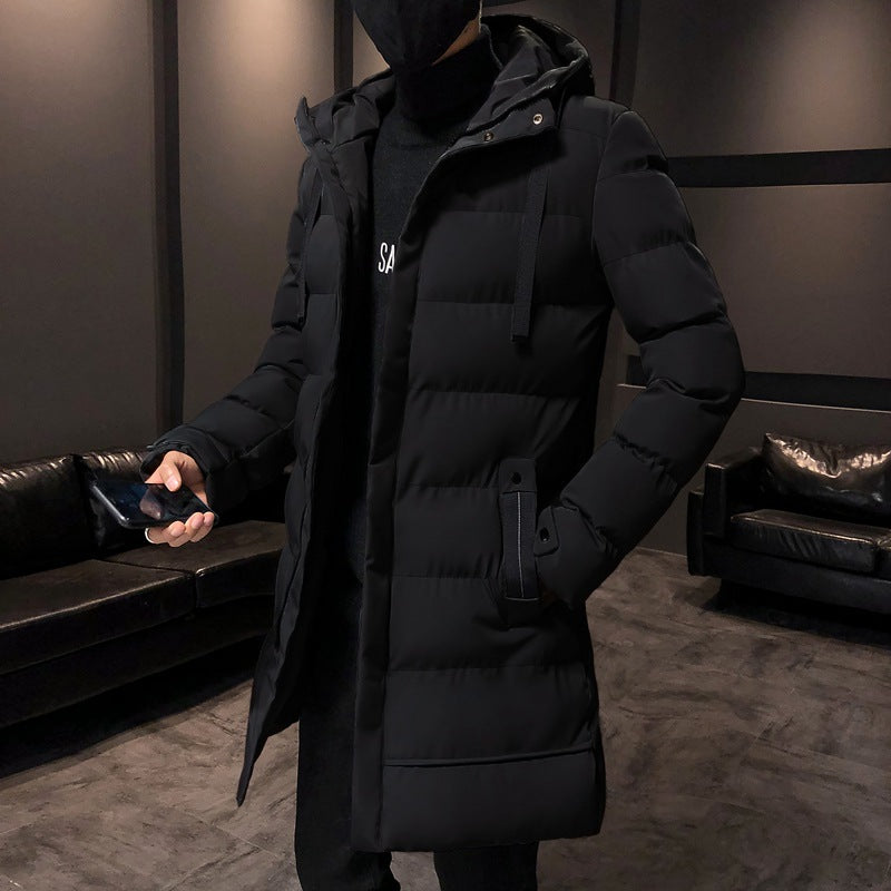 Men’s Mid-Length Cotton-Padded Jacket – Thick Hooded Winter Coat