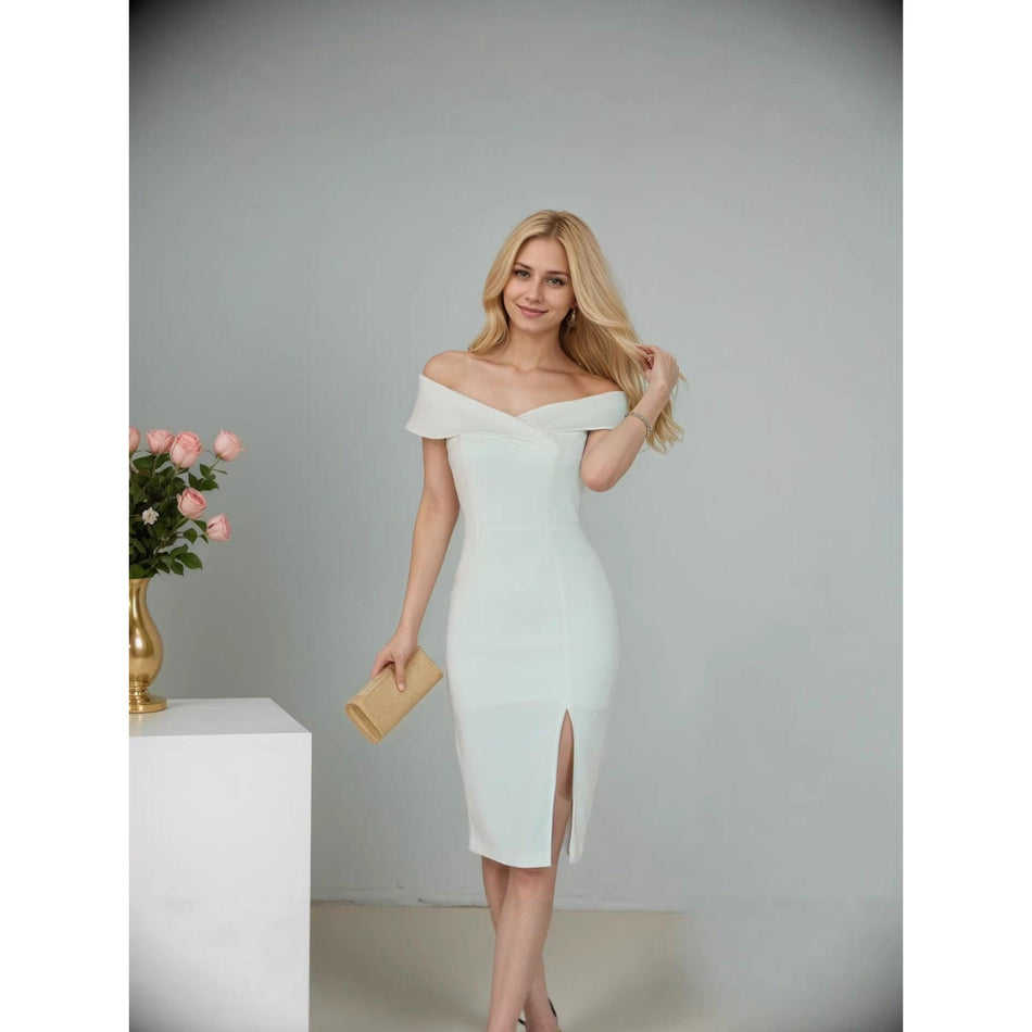 White One-Line Collar Korean Style Hip Slit Dress Women