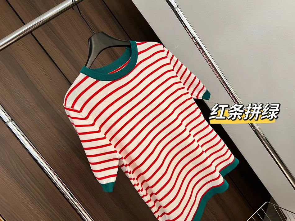 Ice Silk Striped Knit Top with Elegant Color-Blocking