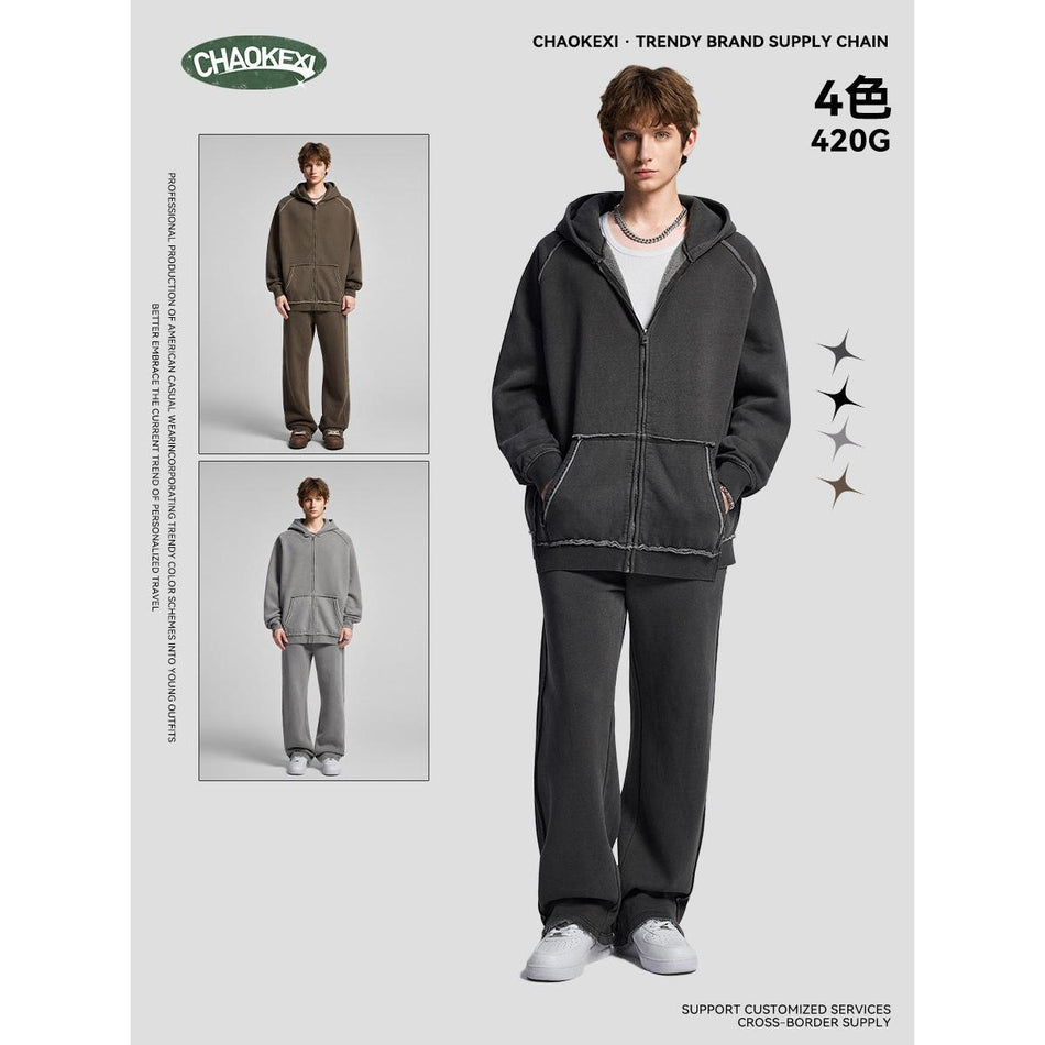 Men's Winter Fleece-Lined Hooded Sweatshirt Light Luxury Suit