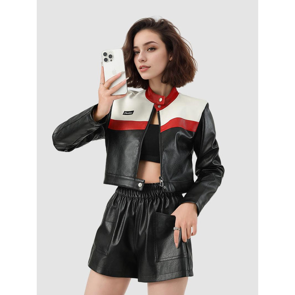 Women Contrast Color PU Leather Short Motorcycle Jacket