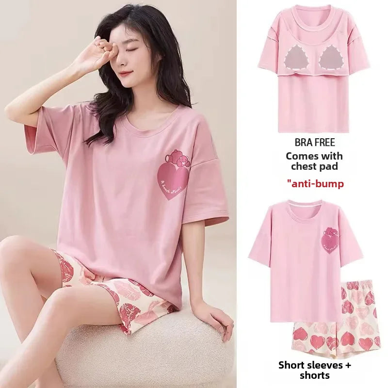 Summer One-Piece Pajama Set – Short-Sleeve & Chest Pad