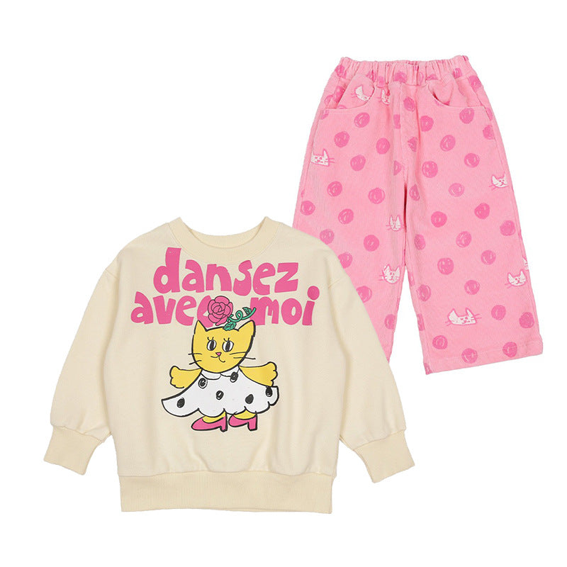 Kids Cartoon Cat Winter Sweatshirt & Pants Set