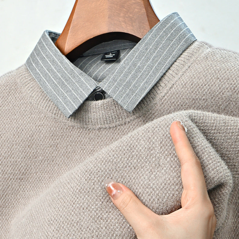 Men’s Autumn Winter Fleece-Lined Chenille Fake Two-Piece Sweater