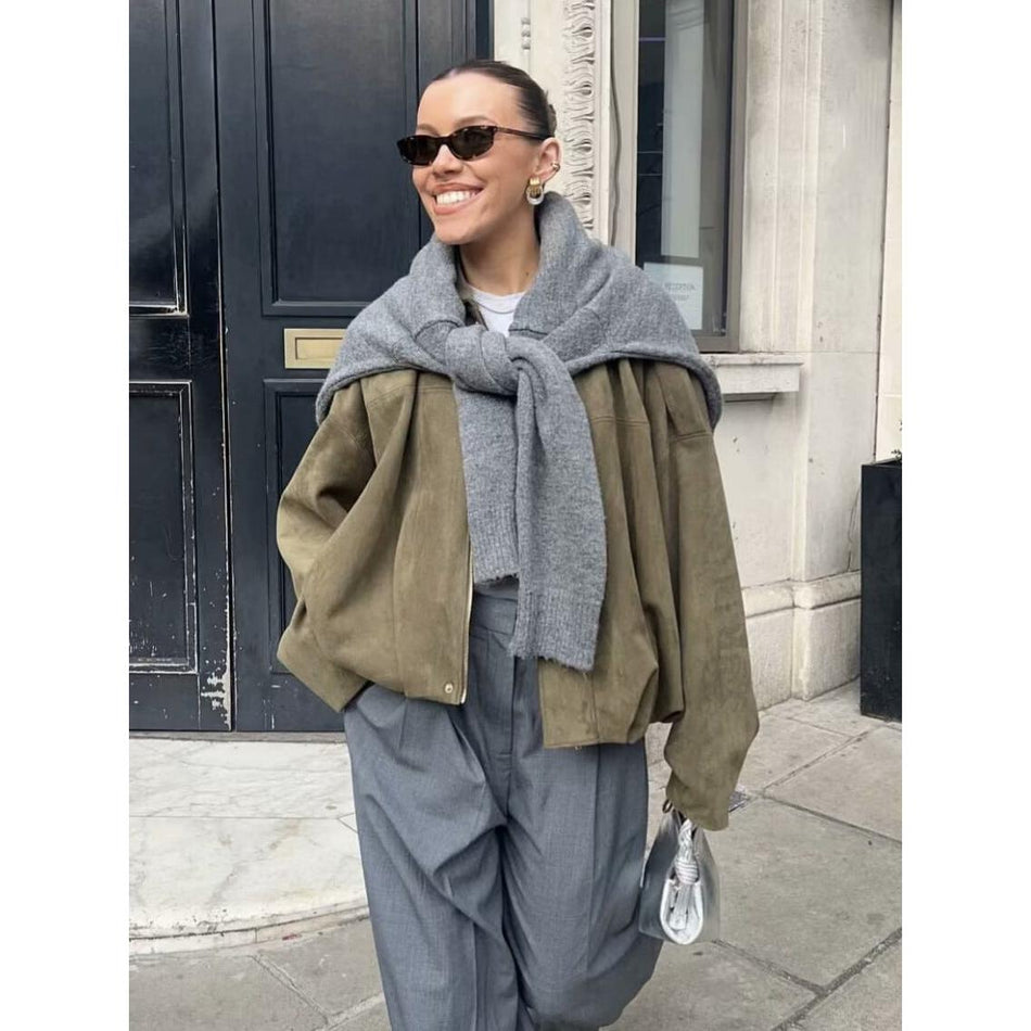 Suede Texture Lapel Bomber Jacket for Women