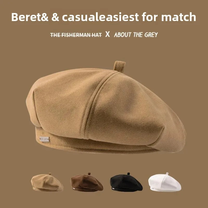 Vintage Wool Beret – Japanese Brown Octagonal Cap with Patch