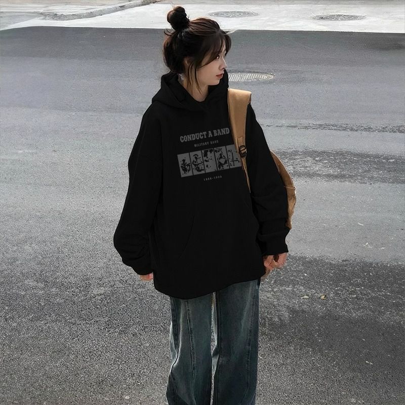Women’s Black Fleece-Lined Loose Hoodie