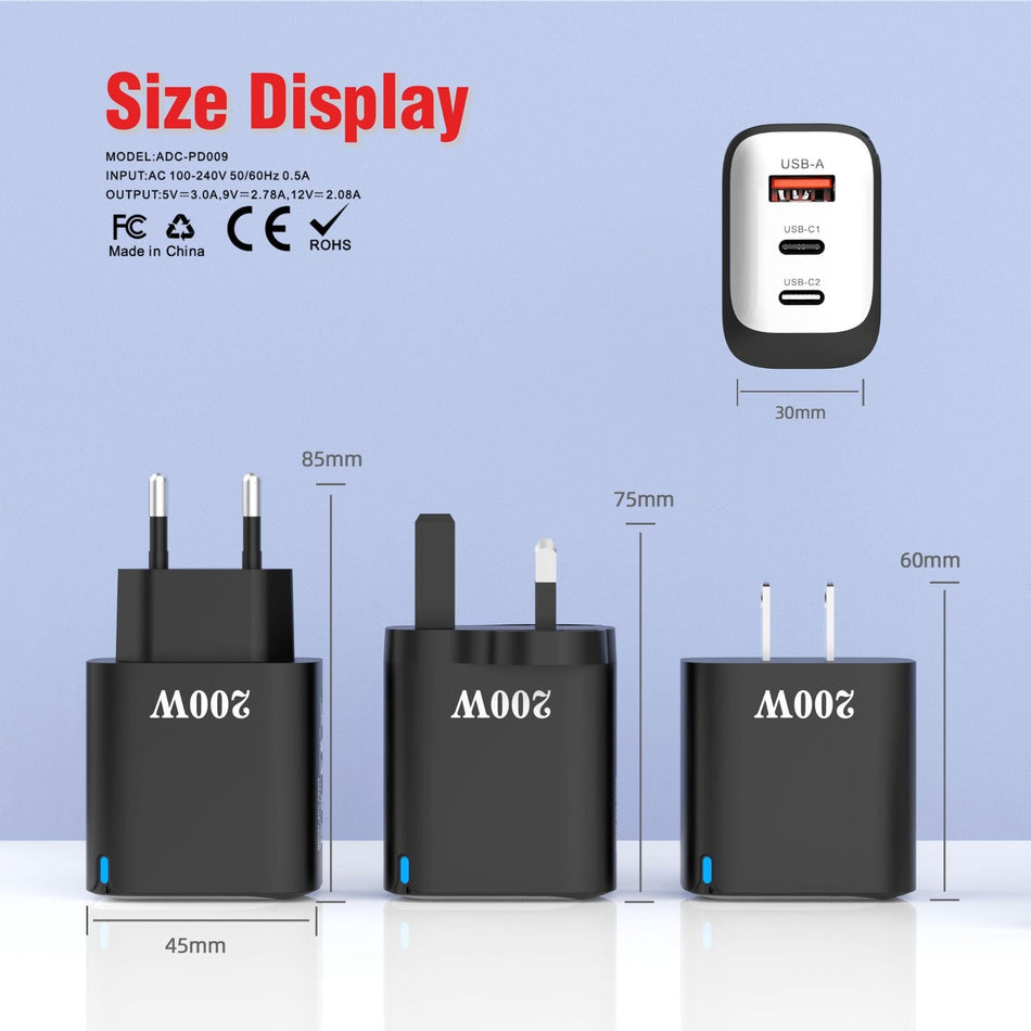 QC3.0 Multi-Port Fast Charger U+2C – EU/UK/US