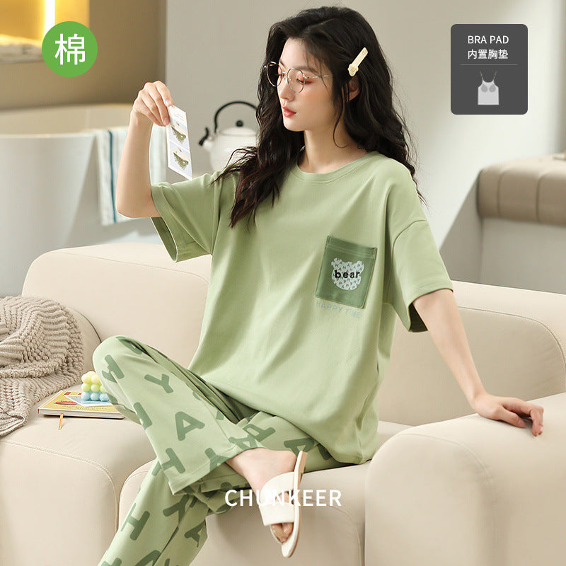 Chest Pad Cotton Round Neck Pajamas