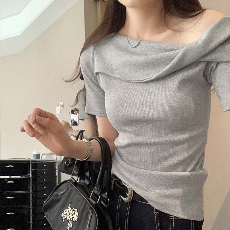 Twisted Pleated Shoulder Tee – Slim Hot Girl Fit