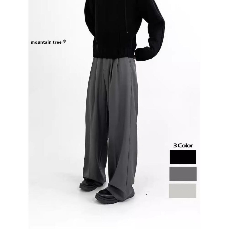 Men’s Solid Black Drapey Straight Wide-Leg Casual Pants