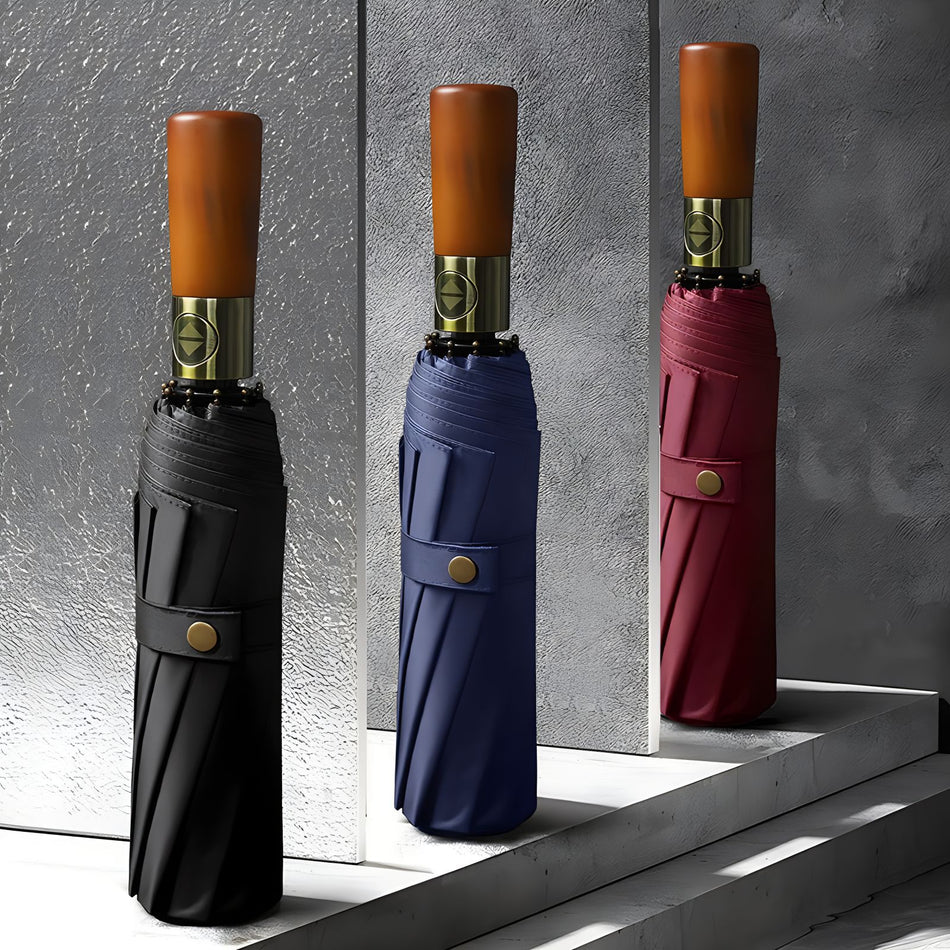 Three-Fold Automatic Umbrella with Wooden Handle
