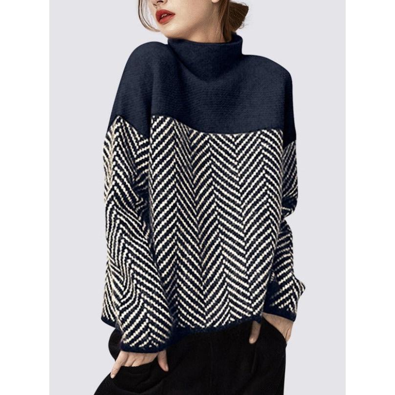 French Style Turtleneck Striped Loose Sweater