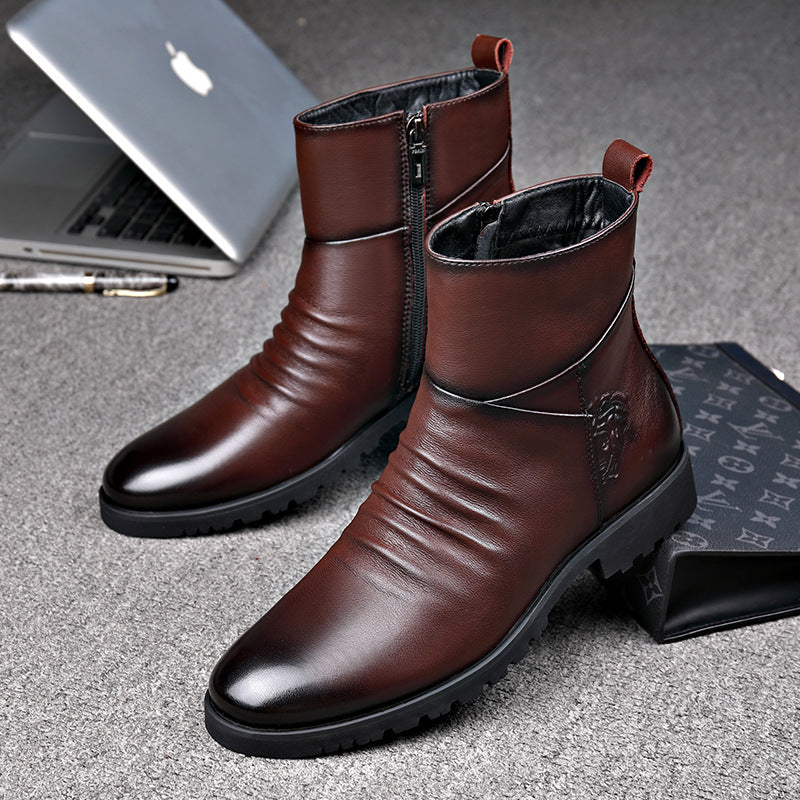 Winter Mid High-Top Cowhide Boots – Fleece-Lined Comfort