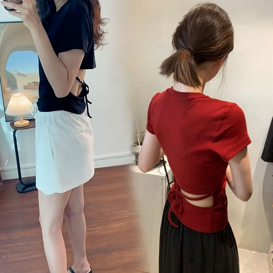 Summer Korean Style Red T-Shirt| Pleated Crewneck Slim-Fit Design