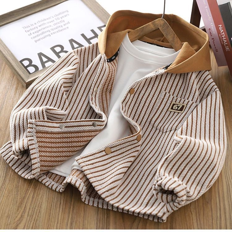 STOCK-Boy’s Western Style Striped Hooded Long-Sleeve Shirt Coat