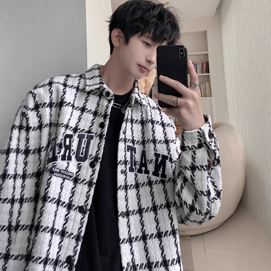 Trendy Houndstooth Plaid Overshirt Men’s Casual Jacket