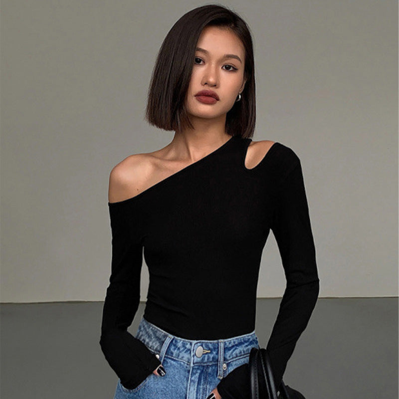 STOCK-Black One Shoulder Slim Fit Long Sleeve Womens T Shirt