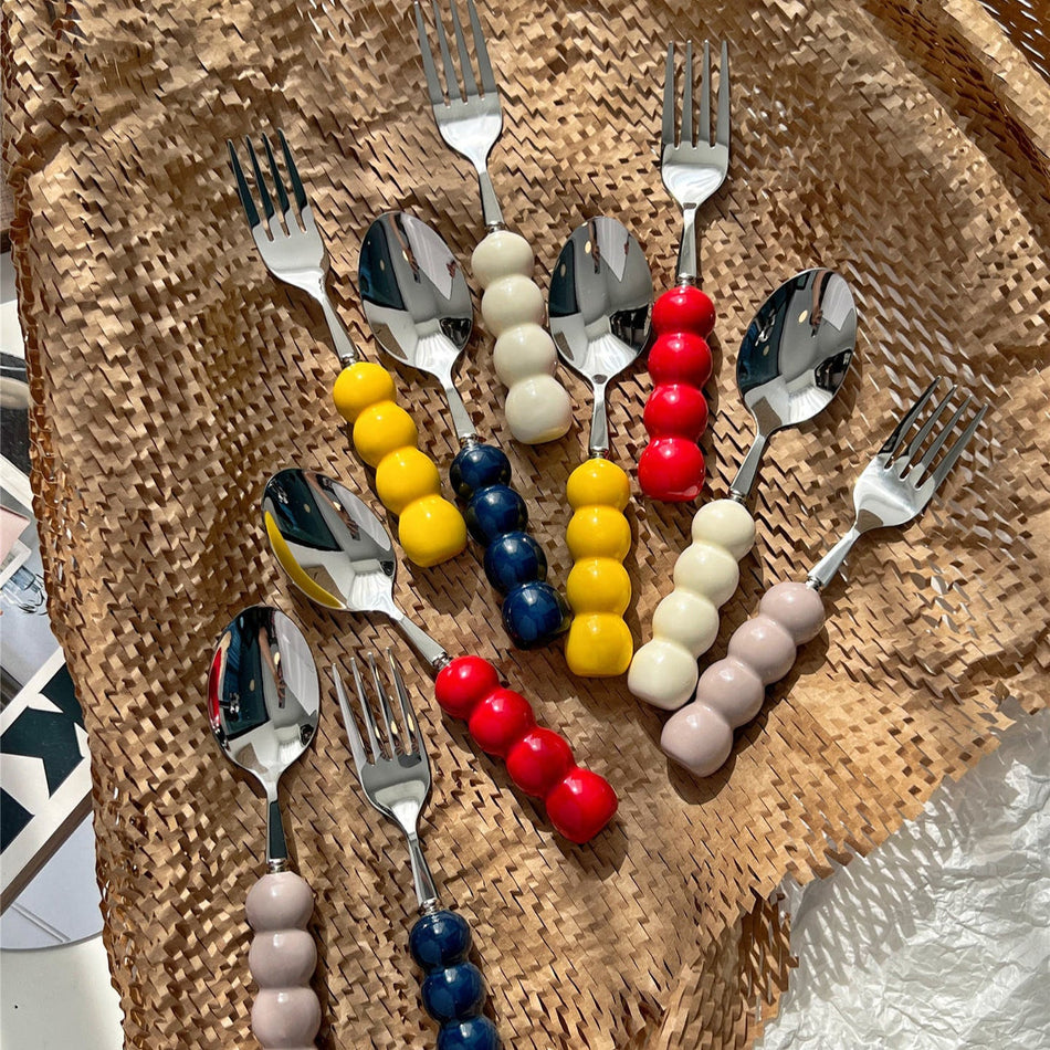 Cute Sugar Gourd Fork & Spoon Set – 304 Steel with Ceramic Handle