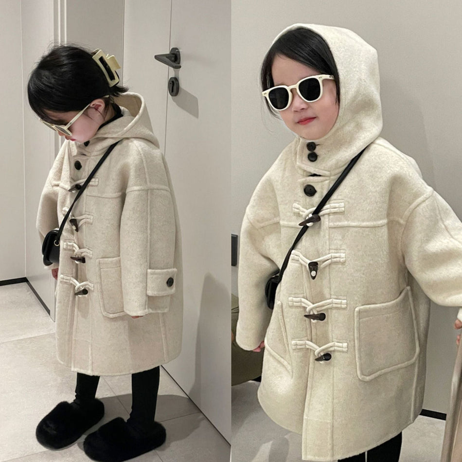 Kids’ Korean-Style Hooded Wool Coat
